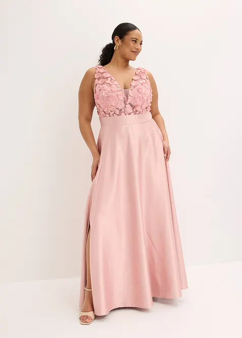 Abendkleid aus gl&auml;nzendem Satin mit Blumen-Applikation, bonprix