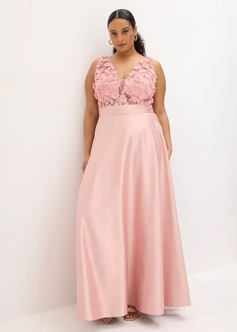 Abendkleid aus gl&auml;nzendem Satin mit Blumen-Applikation, bonprix