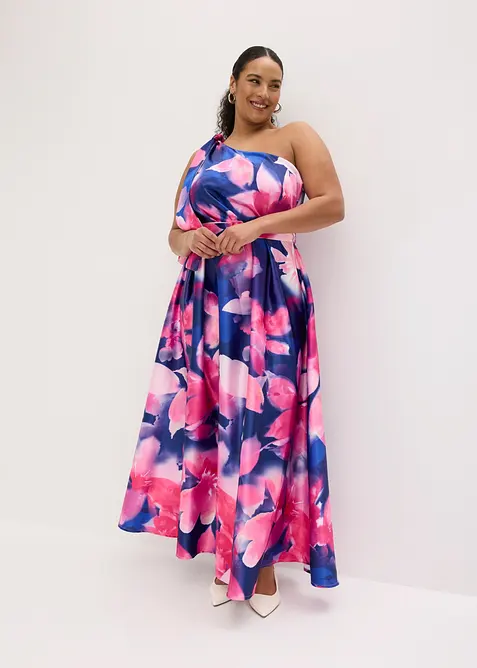 Robe asym&eacute;trique en satin brillant, bonprix