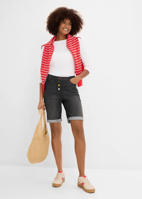 Jeans Bermuda Mid Waist mit Stickerei und Bequembund, bonprix