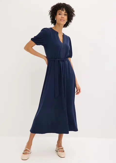 Midikleid aus Viskose-Pikee mit Satinbesatz, bonprix