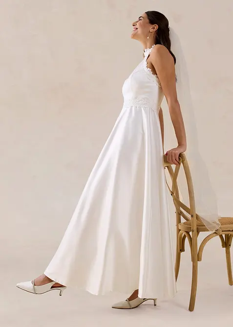 Robe de mari&eacute;e en satin brillant et dentelle, bonprix