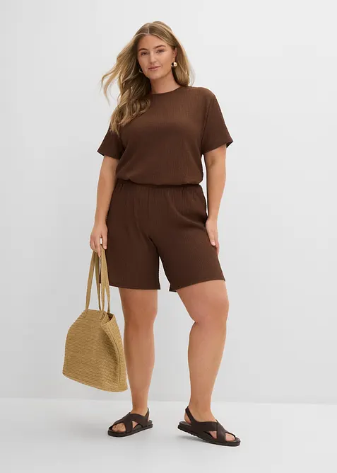 Short taille &eacute;lastiqu&eacute;e en cr&ecirc;pe gaufr&eacute;, bonprix