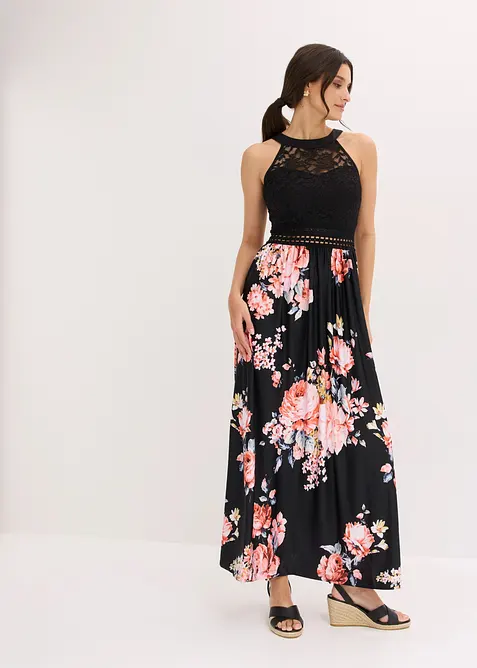 Robe longue &agrave; imprim&eacute; floral et dentelle, bonprix