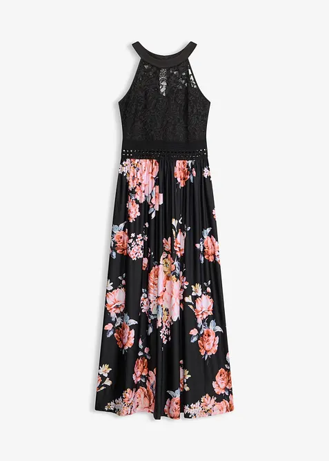 Robe longue &agrave; imprim&eacute; floral et dentelle, bonprix