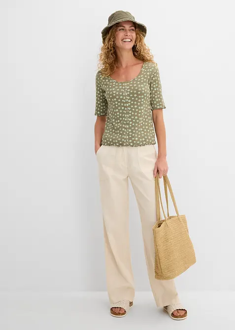 Ripp-Shirt mit Blumendruck, Halbarm, bonprix