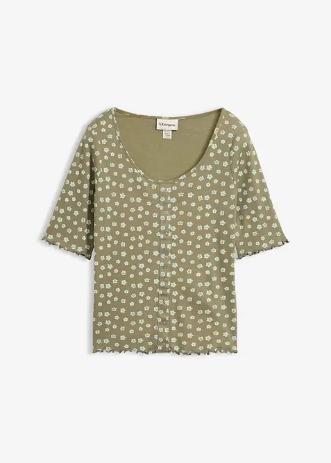 Ripp-Shirt mit Blumendruck, Halbarm, bonprix