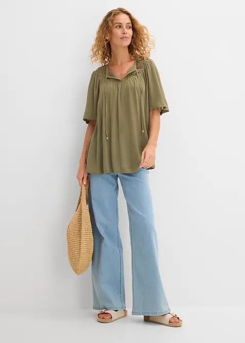 Longue tunique en cr&eacute;pon, manches coude, bonprix