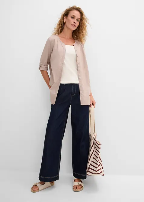 Chemisier en lin m&eacute;lang&eacute;, manches 3/4, bonprix