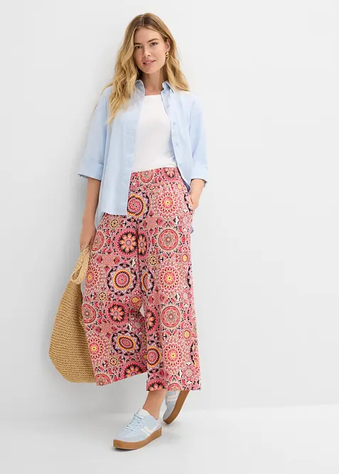 Jupe-culotte large en jersey avec large taille smok&eacute;e, longueur 7/8, bonprix