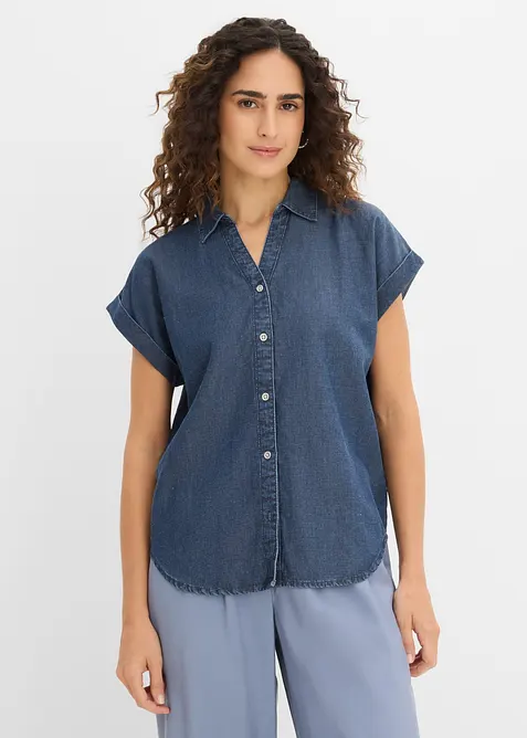Blouse manches courtes en jean avec lin, bonprix