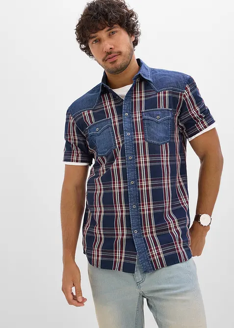 Chemise manches courtes 100% coton avec d&eacute;tails en jean, bonprix