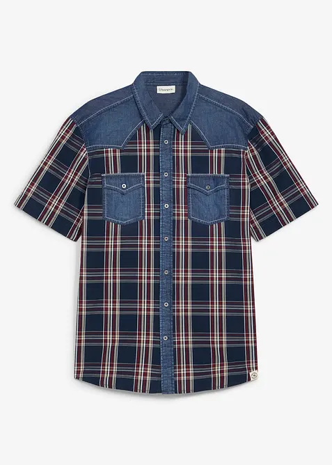 Kurzarmhemd mit Denimbesatz aus reiner Bio-Baumwolle, bonprix