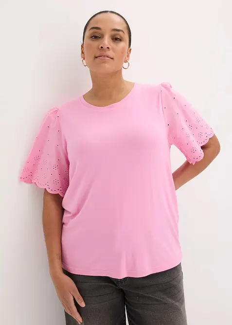 T-shirt doux en viscose extensible avec broderie anglaise, bonprix