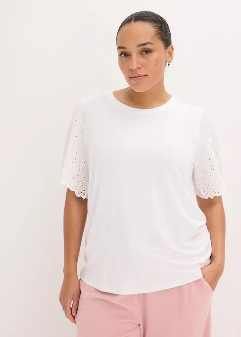 T-shirt doux en viscose extensible avec broderie anglaise, bonprix