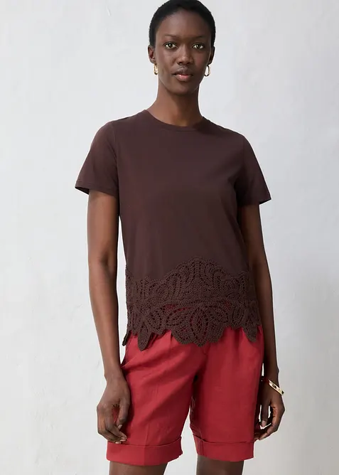 Shirt mit Seidenanteil und H&auml;kelspitze, bonprix