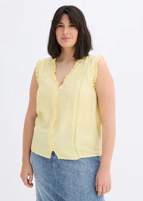 Top boutonn&eacute; &agrave; dentelle, bonprix