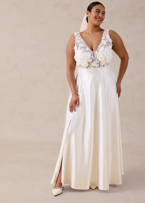 Brautkleid aus gl&auml;nzendem Satin mit Blumen-Applikation, bonprix