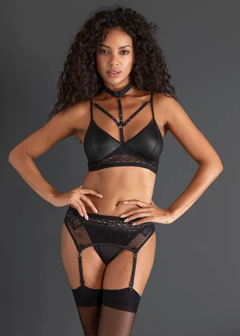Brassi&egrave;re, string, porte-jarretelles wetlook (ens. 3 pces), bonprix
