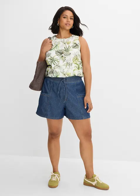 Short en jean avec taille haute &eacute;lastiqu&eacute;e, bonprix