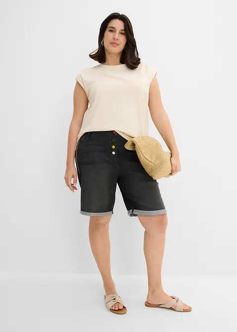 Bermuda en jean avec broderie, taille mi-haute &eacute;lastiqu&eacute;e, bonprix