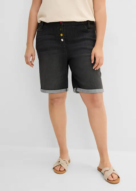 Bermuda en jean avec broderie, taille mi-haute &eacute;lastiqu&eacute;e, bonprix