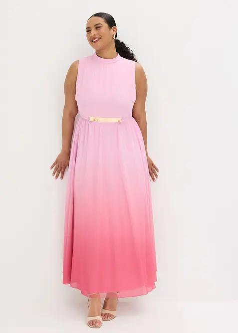 Robe longue en mousseline &agrave; col montant et empi&egrave;cement taille, bonprix