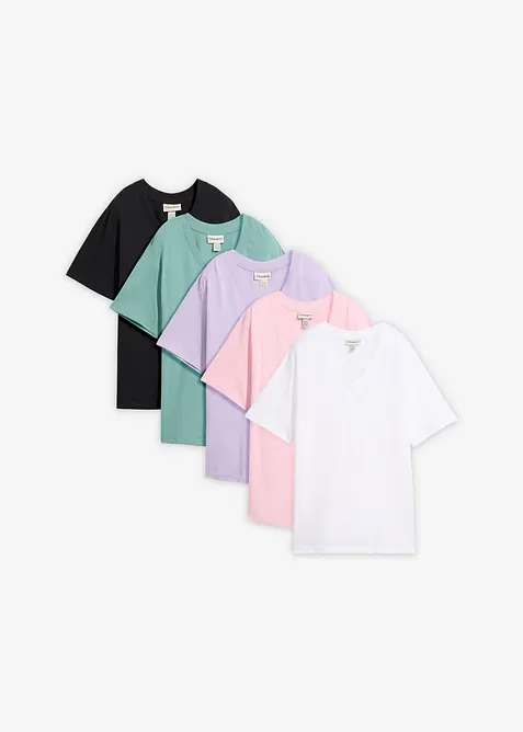 Lot de 5 T-shirts longs et amples &agrave; col V, bonprix