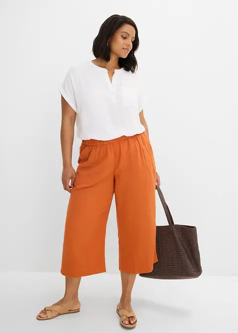 Pantalon large &agrave; pinces en gaze de coton, bonprix