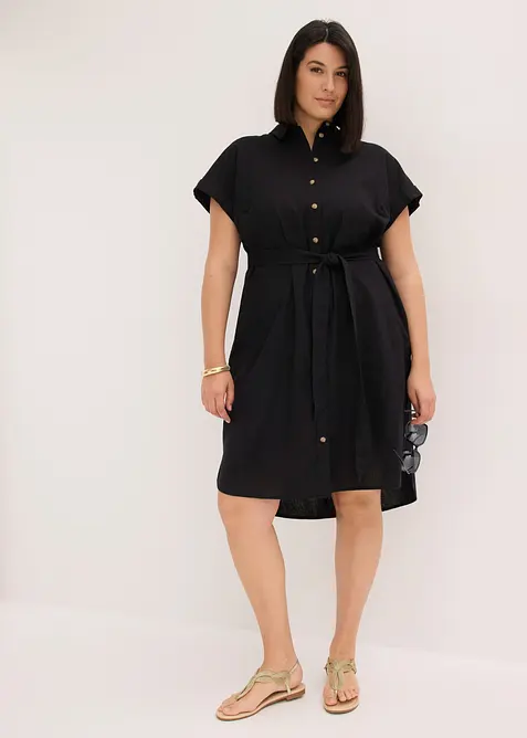 Hemdblusenkleid mit Leinenanteil und Bindeg&uuml;rtel, bonprix
