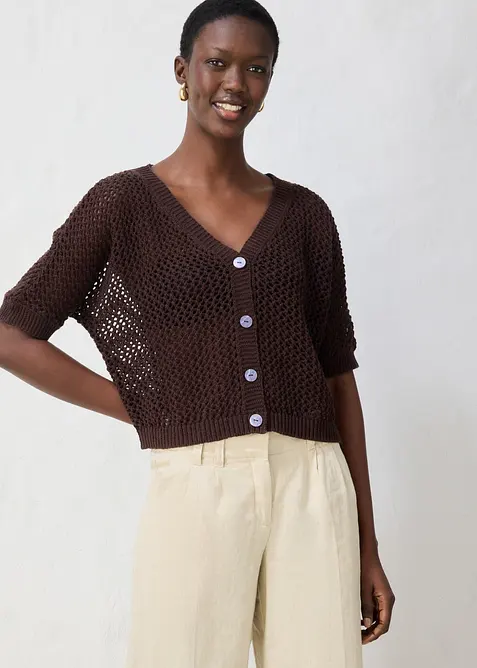 Ajour-Strickjacke mit Leinenanteil, bonprix