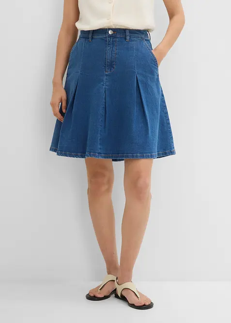 Jupe pliss&eacute;e en jean, taille mi-haute, bonprix