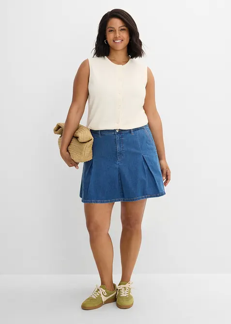 Jupe pliss&eacute;e en jean, taille mi-haute, bonprix