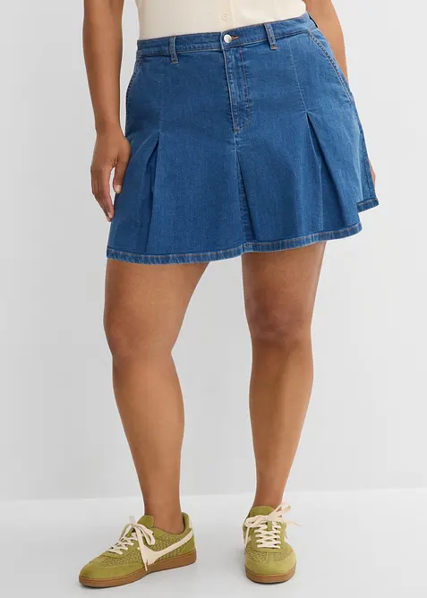 Jupe pliss&eacute;e en jean, taille mi-haute, bonprix