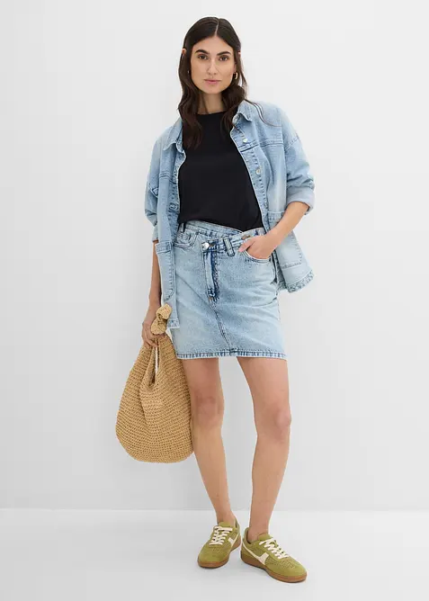 Jupe en jean &agrave; fermeture d&eacute;cal&eacute;e asym&eacute;trique, bonprix