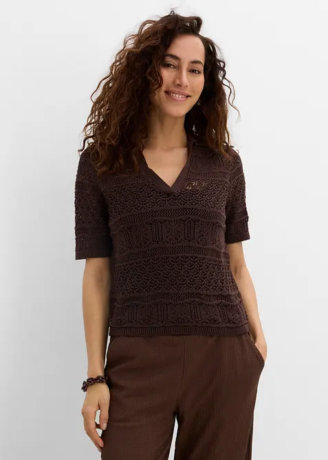 Ajour-Polo-Pullover mit Baumwollanteil, bonprix