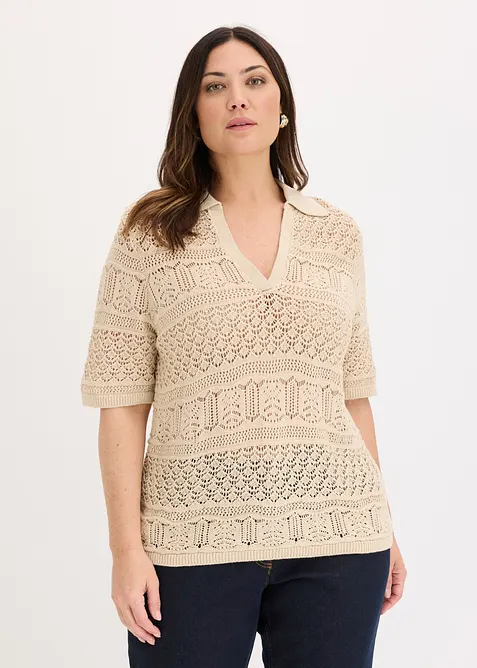Pull ajour&eacute; &agrave; col polo, bonprix