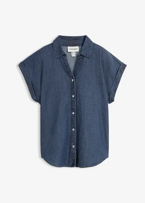 Jeans-Kurzarmbluse mit Leinen, bonprix