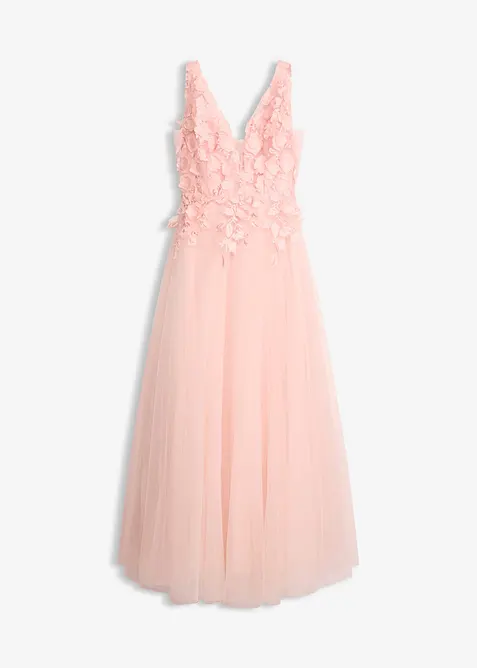 Robe longue en tulle d&eacute;licat orn&eacute;e de fleurs appliqu&eacute;es, bonprix
