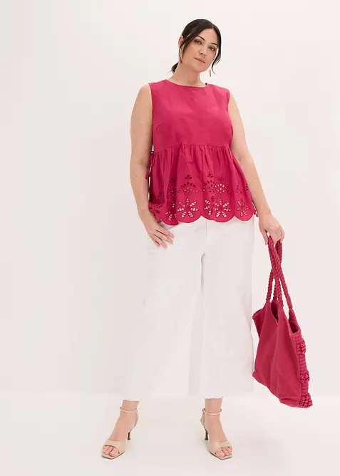 Blouse sans manches avec broderies anglaises, fendue sur les c&ocirc;t&eacute;s, bonprix
