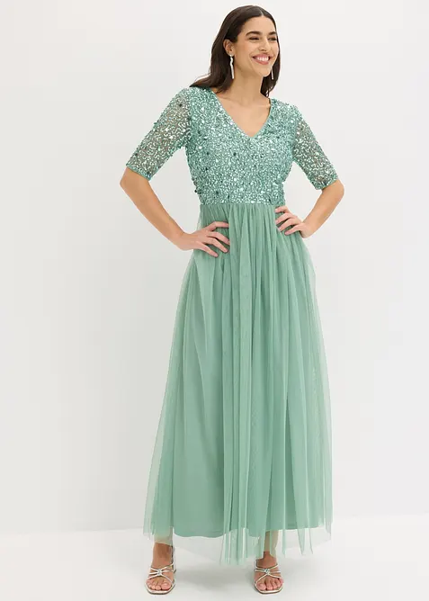 Robe de soir&eacute;e en tulle avec haut brod&eacute; de sequins, bonprix