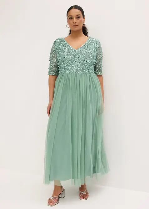Robe de soir&eacute;e en tulle avec haut brod&eacute; de sequins, bonprix