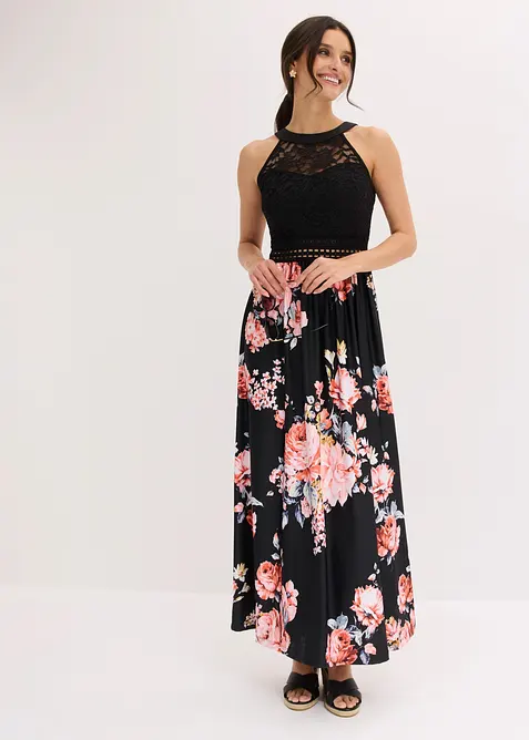 Robe longue &agrave; imprim&eacute; floral et dentelle, bonprix