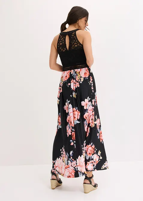 Robe longue &agrave; imprim&eacute; floral et dentelle, bonprix