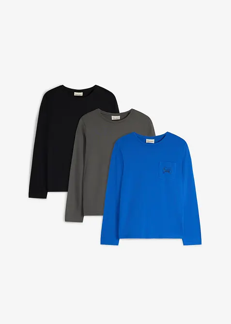Lot de 3&nbsp;T-shirts manches longues en coton doux avec poche poitrine, bonprix
