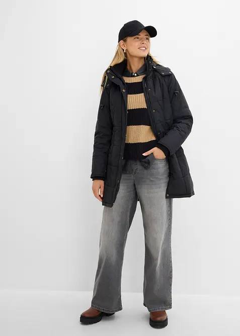 Long-Steppjacke, wattiert mit Kragen und Kapuze, bonprix