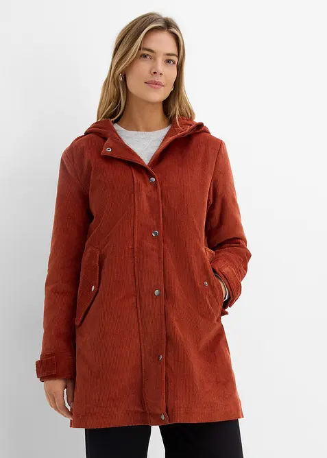 Parka chaude en velours c&ocirc;tel&eacute; avec capuche doubl&eacute;e polaire, coupe trap&egrave;ze, bonprix