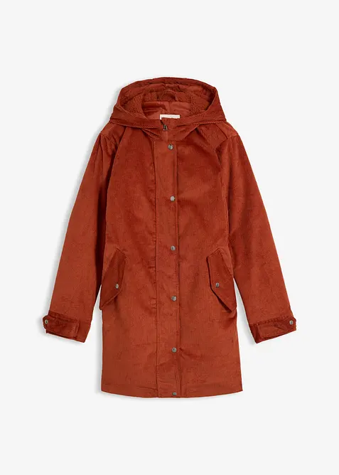 Parka chaude en velours c&ocirc;tel&eacute; avec capuche doubl&eacute;e polaire, coupe trap&egrave;ze, bonprix