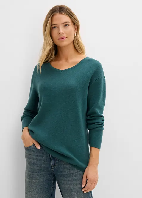 Pull col V en maille milano c&ocirc;tel&eacute;e, bonprix