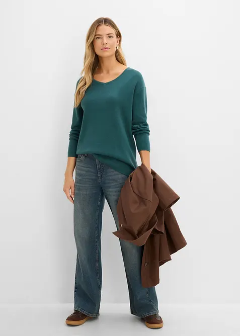 Pull col V en maille milano c&ocirc;tel&eacute;e, bonprix